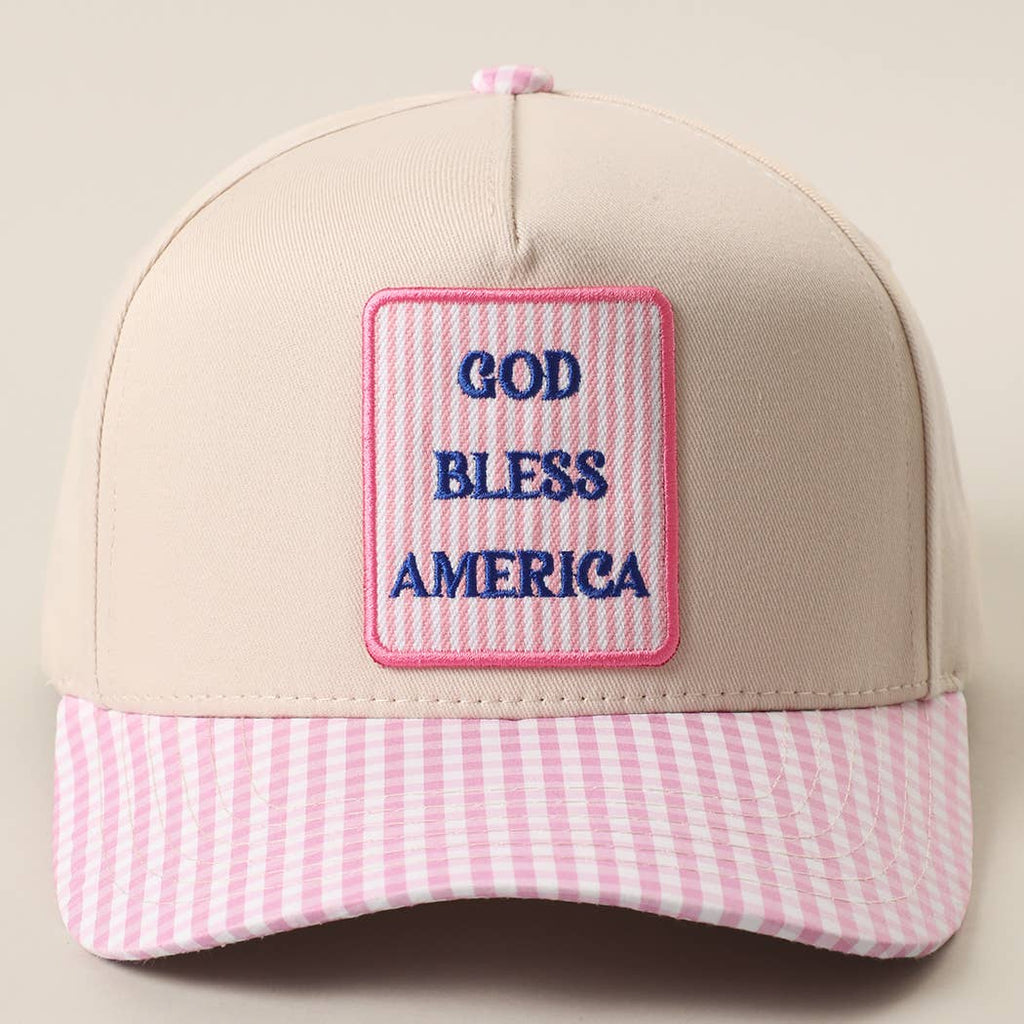 GOD BLESS AMERICA Embroidered Patch Gingham Trucker Hat