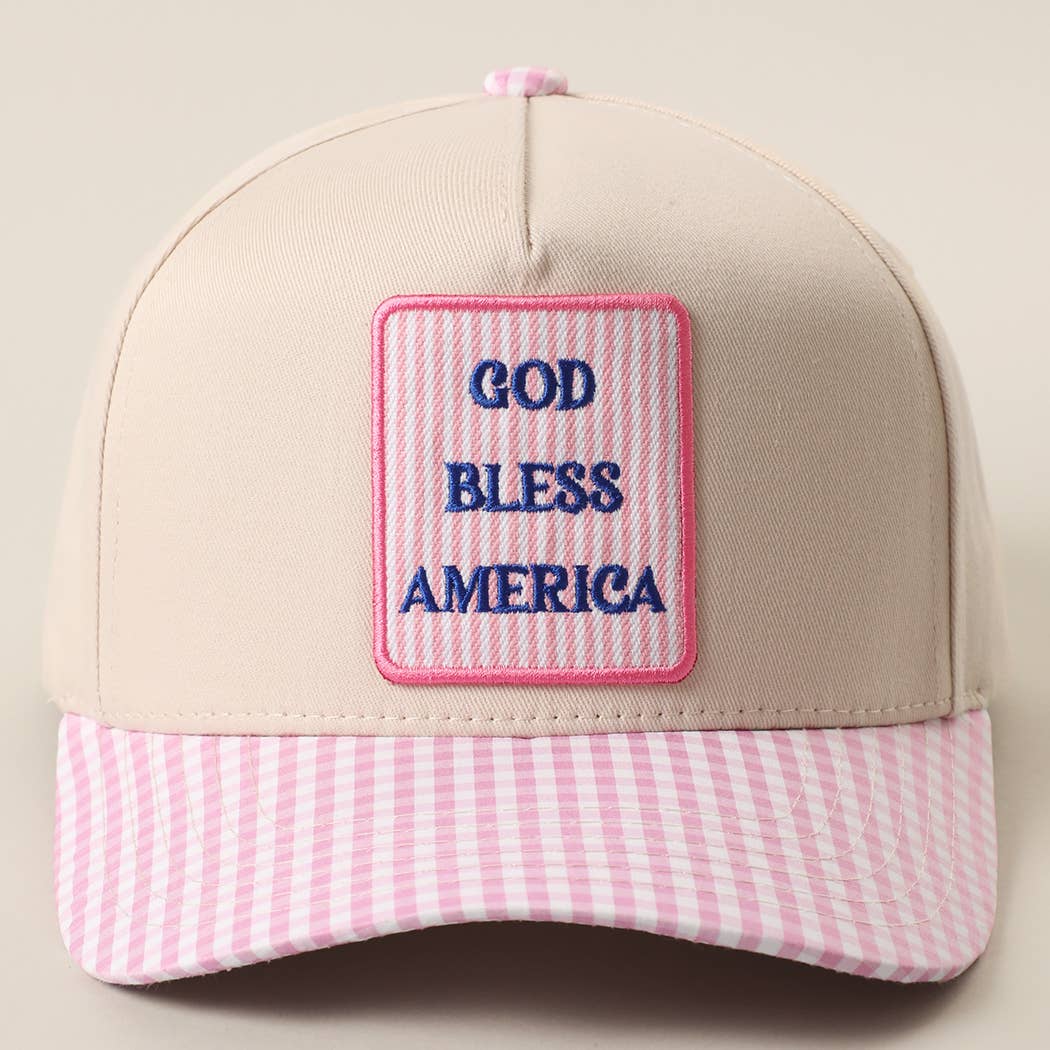 GOD BLESS AMERICA Embroidered Patch Gingham Trucker Hat