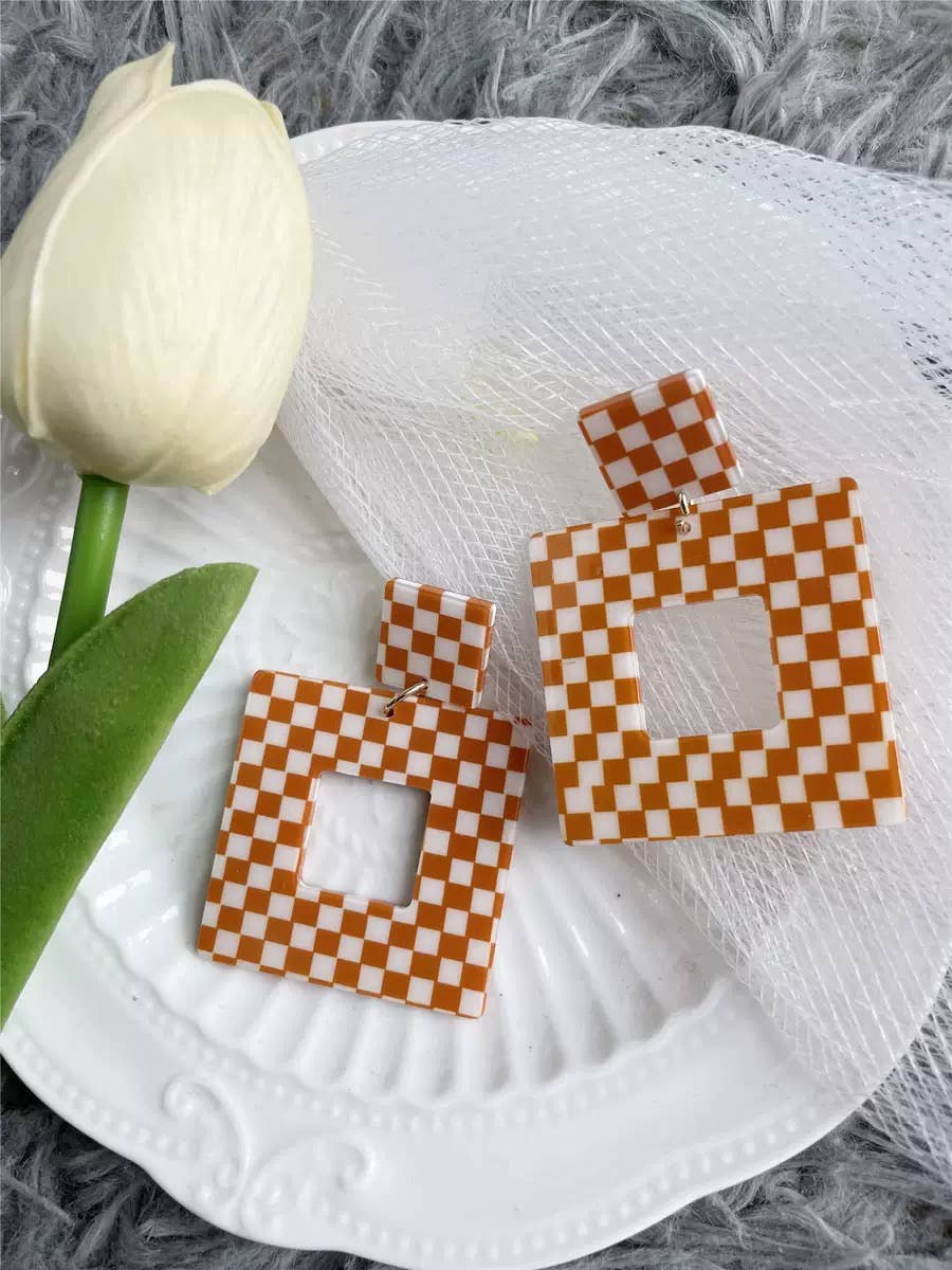 Cute Pair of Orange and White Checkered Earrings 