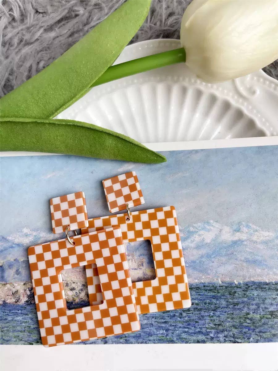 Cute Pair of Orange and White Checkered Earrings 